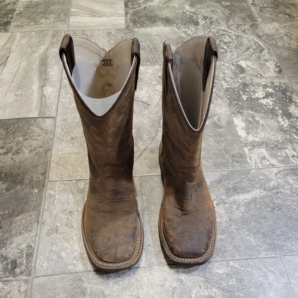 Western Cowboy Boots Brown Oiled Leather‎ Distressed Square Toe Kids 4D